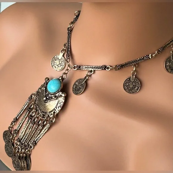 Southwestern Style Turquoise and Gold Banjar Coin Necklace Set - Picture 8 of 13